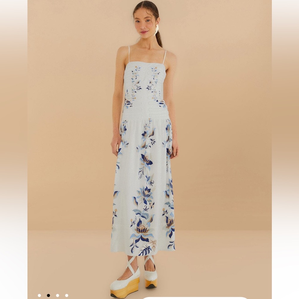 FARM Rio Off-White Blue Lotus Dreamscape Midi Dress